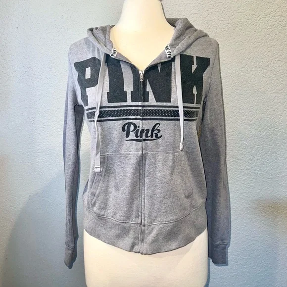 PINK VICTORIA’S SECRET Heather Grey Zip-Up Hoodie w/ Front Logo - Picture 1 of 7